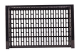 A rectangular black cast aluminum grill grate with evenly spaced, vertical oval slots arranged in rows. The solid frame has a glossy finish, and the white background highlights the grate’s details and clean lines.