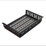 A black rectangular cast aluminum metal tray with raised sides and evenly spaced rectangular holes throughout the base and sides, designed for ventilation or drainage. The tray is placed on a white background.