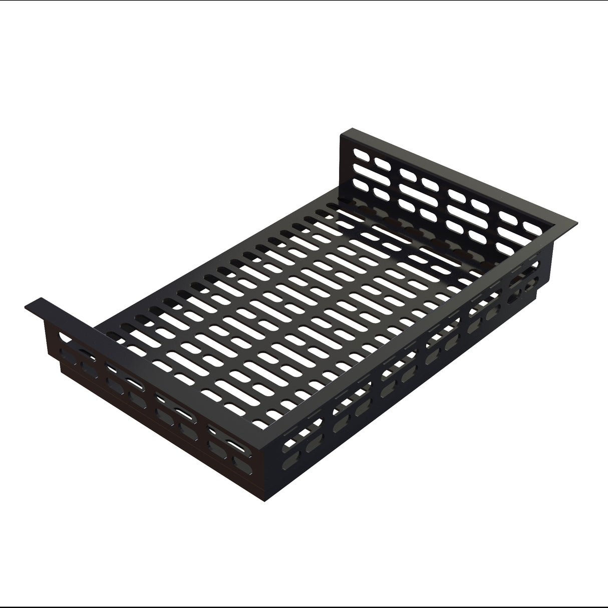 A black rectangular cast aluminum tray with open slotted sides and bottom, featuring evenly spaced oval-shaped holes. Raised sides on the shorter edges make it ideal for organizing items while allowing for ventilation or drainage.