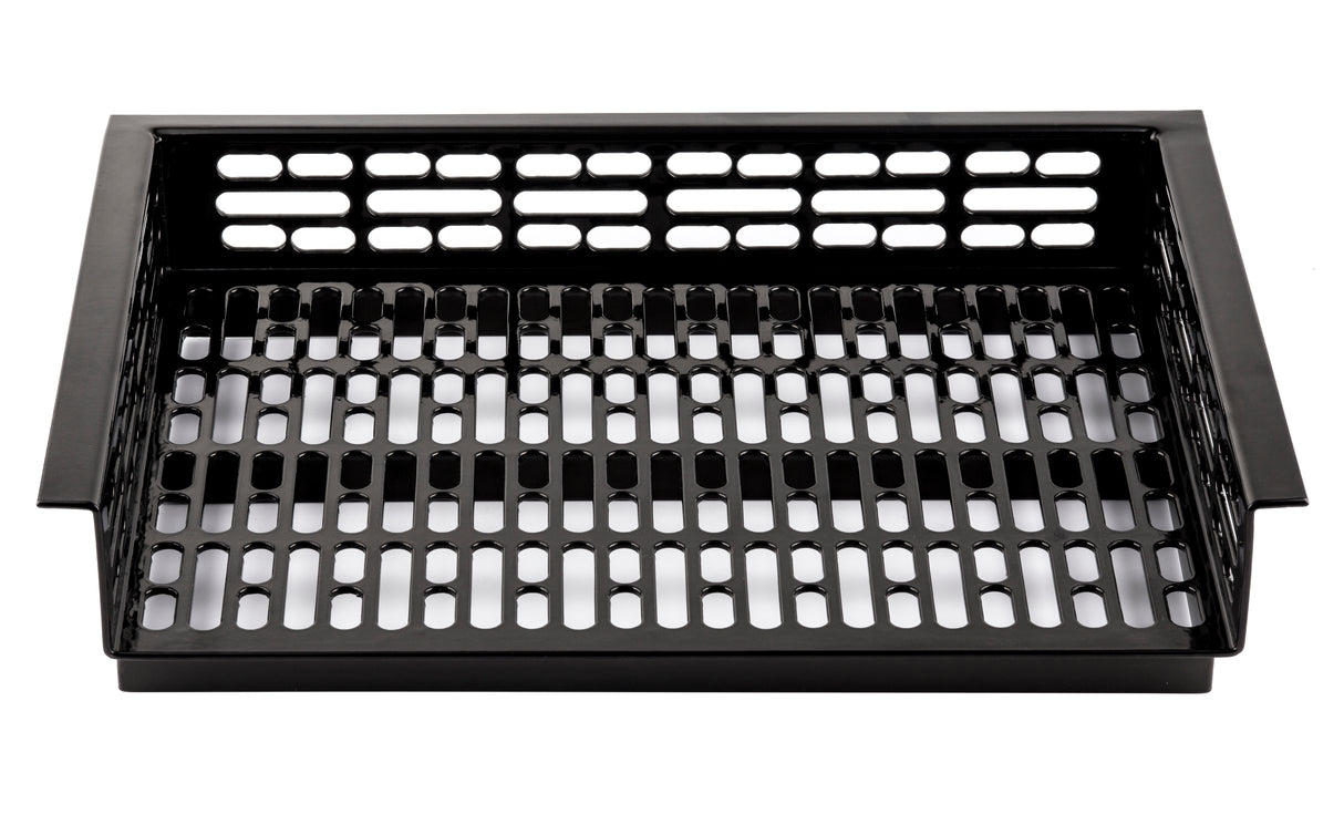 A rectangular black metal grill basket with slotted, rectangular holes on the bottom and sides, crafted from durable cast aluminum and designed for grilling vegetables or small foods. The basket features straight edges, two flat handles, and is photographed on a white background.