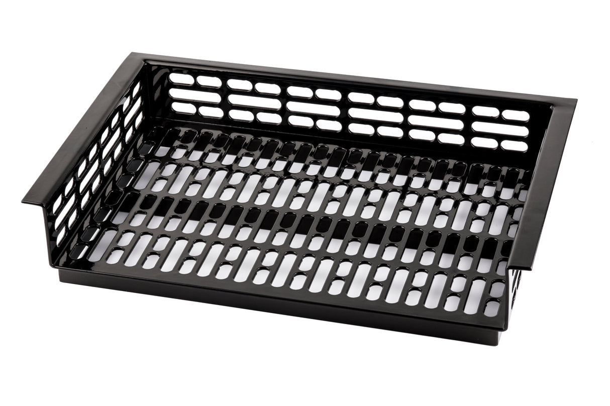 A black rectangular cast aluminum basket with wide, evenly spaced rectangular holes on the sides and bottom. The basket has a slight lip on two sides and is photographed on a white background. Ideal for cold holding applications.