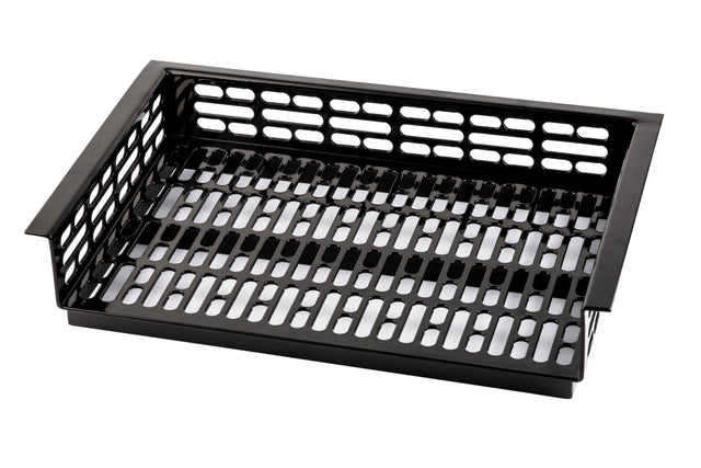 A black rectangular cast aluminum basket with wide, evenly spaced rectangular holes on the sides and bottom. The basket has a slight lip on two sides and is photographed on a white background. Ideal for cold holding applications.