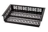 A black, rectangular cast aluminum basket with open grid-like slots on the sides and bottom. The flat base and raised sides offer stability, while its open design allows for ventilation or drainage. Photo taken on a white background.