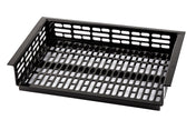 A black, rectangular cast aluminum basket with open grid-like slots on the sides and bottom. The flat base and raised sides offer stability, while its open design allows for ventilation or drainage. Photo taken on a white background.