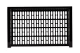 A black, rectangular cast aluminum grate with vertical, rounded rectangular holes arranged in a grid pattern, standing upright against a white background. The grate has a shiny, smooth surface and sharp corners.
