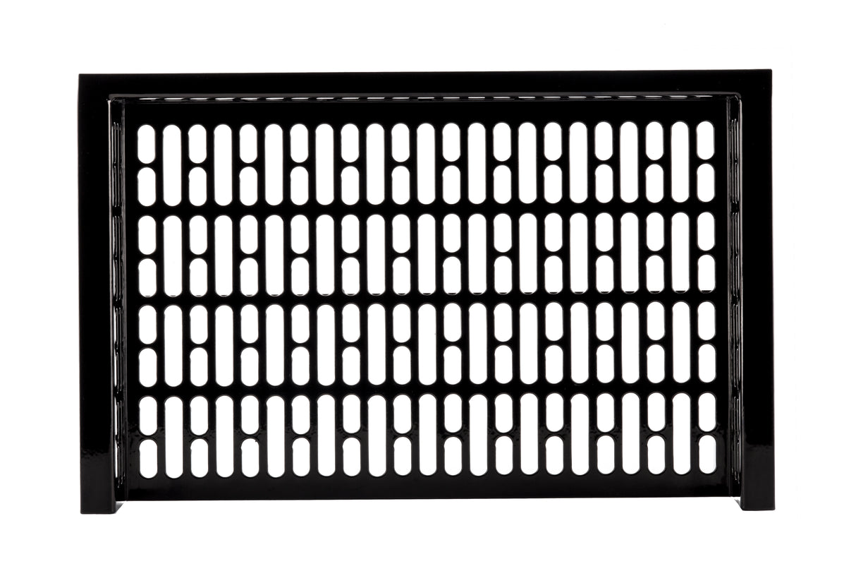 A rectangular, glossy black cast aluminum grate with evenly spaced vertical oval slots in several rows and columns, set against a white background. The grate has a thick, solid frame around the edges. Ideal as a drop-in template for various applications.