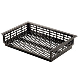 A black, rectangular Duracoat coated aluminum tray with open slotted sides and bottom. The grid-like design allows airflow for cold holding, while raised edges keep items secure. Ideal as an organizer, storage basket, or drop-in template holder.