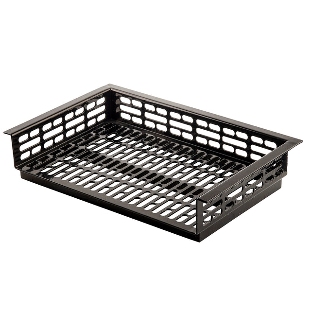 A black, rectangular Duracoat coated aluminum tray with open slotted sides and bottom. The grid-like design allows airflow for cold holding, while raised edges keep items secure. Ideal as an organizer, storage basket, or drop-in template holder.
