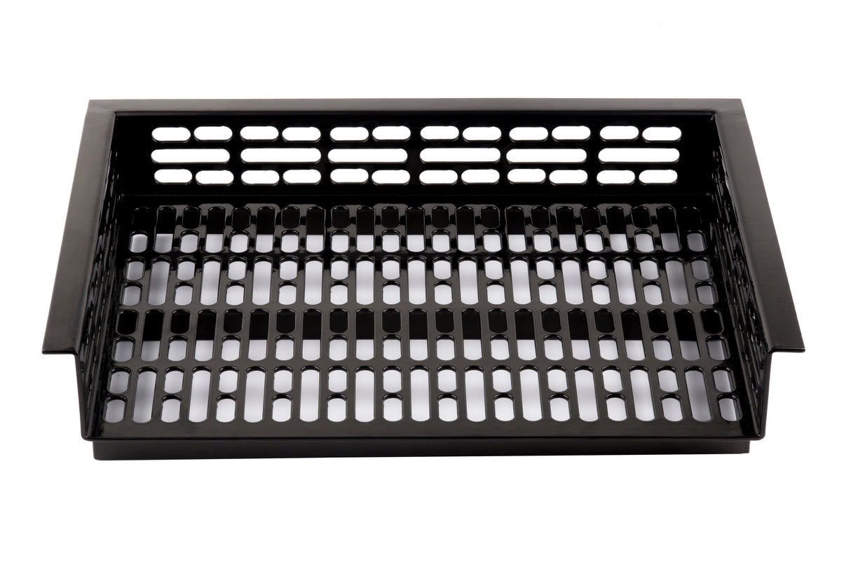 A black rectangular Duracoat coated aluminum grill basket with open rectangular slots for grilling vegetables or small foods. It features slightly flared sides, two extended handles on each side, and a white background.