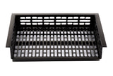 A black rectangular Duracoat coated aluminum grill basket with open rectangular slots for grilling vegetables or small foods. It features slightly flared sides, two extended handles on each side, and a white background.