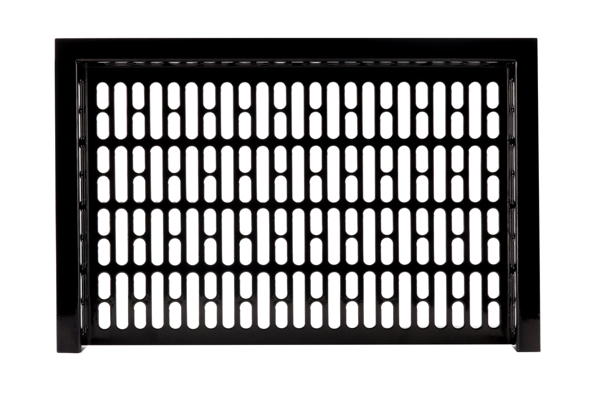 A Duracoat coated aluminum black metal radiator cover with a rectangular shape and a grid pattern of evenly spaced vertical and horizontal slots, allowing airflow through the front panel. The background is plain white.