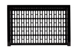 A Duracoat coated aluminum black metal radiator cover with a rectangular shape and a grid pattern of evenly spaced vertical and horizontal slots, allowing airflow through the front panel. The background is plain white.