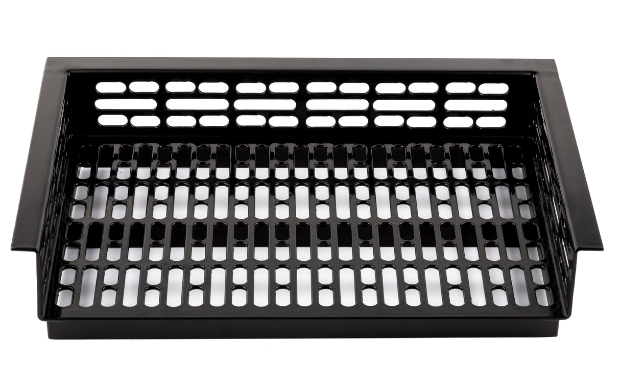 A black rectangular cast aluminum grill basket with evenly spaced elongated holes on the bottom and back, designed for holding food while grilling. The solid sides add stability, and the basket is shown on a white background.