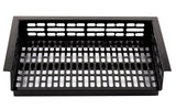 A black rectangular cast aluminum grill basket with evenly spaced elongated holes on the bottom and back, designed for holding food while grilling. The solid sides add stability, and the basket is shown on a white background.