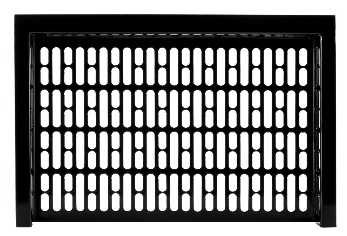 A rectangular black cast aluminum vent cover with evenly spaced vertical slits arranged in rows, set against a white background. The edges of the vent cover are solid, forming a frame around the perforated center.