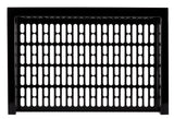 A rectangular black cast aluminum vent cover with evenly spaced vertical slits arranged in rows, set against a white background. The edges of the vent cover are solid, forming a frame around the perforated center.