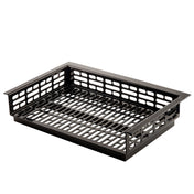 A rectangular, black Duracoat coated cast aluminum basket tray with open, slotted sides and bottom designed for ventilation or drainage. Features a grid-like pattern and slightly raised edges, ideal for organizing or cold holding items.