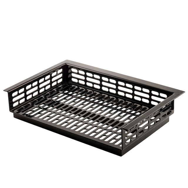 A rectangular, black Duracoat coated cast aluminum basket tray with open, slotted sides and bottom designed for ventilation or drainage. Features a grid-like pattern and slightly raised edges, ideal for organizing or cold holding items.