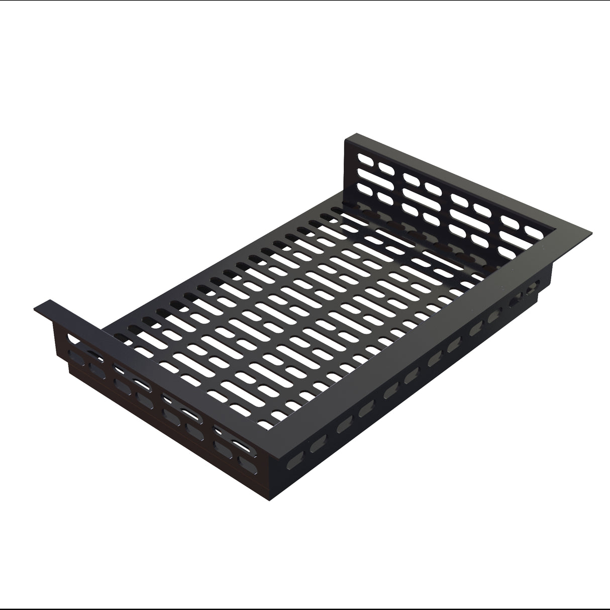 A black Duracoat coated cast aluminum cable tray with rectangular cutouts on the bottom and sides. The tray has raised side panels and a lip at each end, designed for organizing and supporting wires or cables in electrical installations.