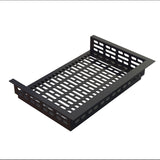 A black Duracoat coated cast aluminum cable tray with rectangular cutouts on the bottom and sides. The tray has raised side panels and a lip at each end, designed for organizing and supporting wires or cables in electrical installations.