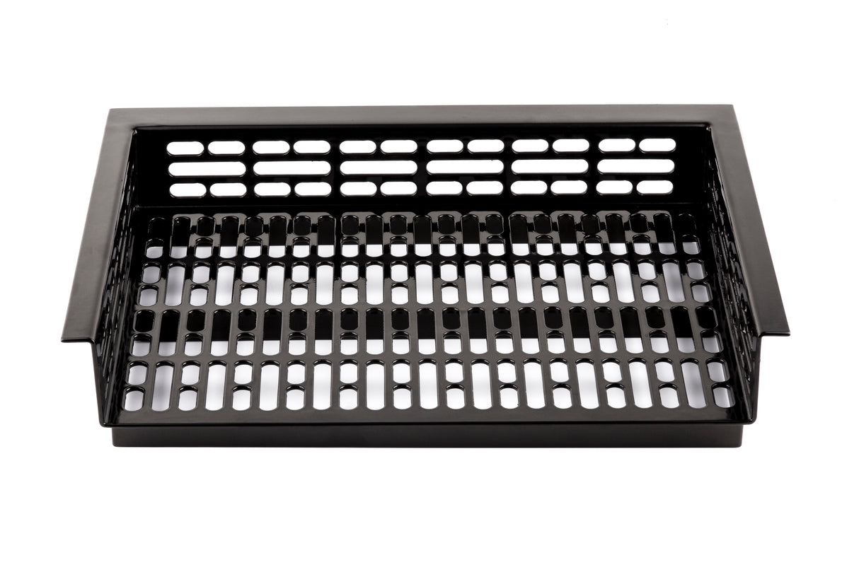 A black rectangular grill basket with Duracoat coated cast aluminum and slotted openings on the base and sides, designed for grilling vegetables or small foods. The basket has raised edges and two side lips for easy handling. The background is plain white.