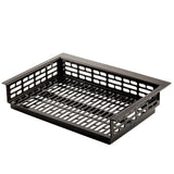 A black cast aluminum rectangular metal tray with slotted sides and base, designed for ventilation. The raised edges feature horizontal cut-out slots, making it sturdy and ideal for organizing or cold holding items. The background is plain white.
