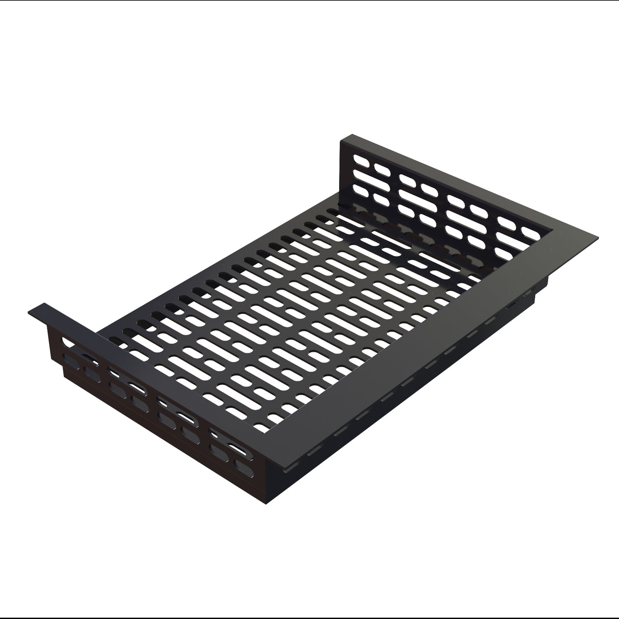 A rectangular black metal cable tray with perforated slots on the bottom and sides, raised edges on both shorter ends, and flanges for mounting. This drop-in template is ideal for organizing and supporting electrical cables against a plain white backdrop.