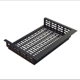 A rectangular black metal cable tray with perforated slots on the bottom and sides, raised edges on both shorter ends, and flanges for mounting. This drop-in template is ideal for organizing and supporting electrical cables against a plain white backdrop.