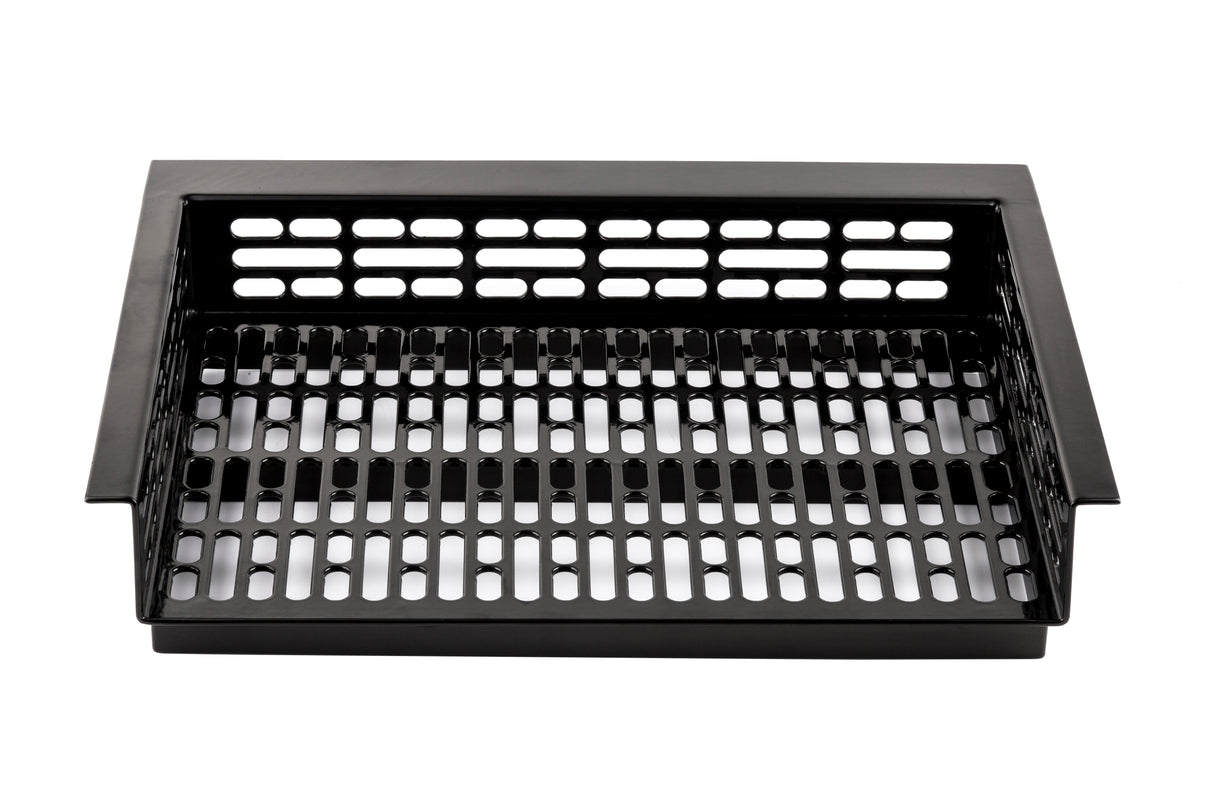 A rectangular black cast aluminum grill basket with perforated sides and base, featuring rows of evenly spaced oval holes, designed for grilling vegetables or small foods, isolated on a white background.