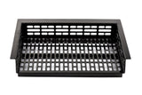 A rectangular black cast aluminum grill basket with perforated sides and base, featuring rows of evenly spaced oval holes, designed for grilling vegetables or small foods, isolated on a white background.