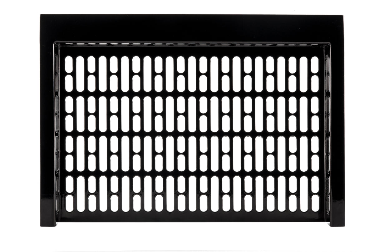 A black cast aluminum vent cover with a rectangular frame and evenly spaced vertical oval slots forming a grid pattern, photographed against a white background.