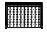 A black cast aluminum vent cover with a rectangular frame and evenly spaced vertical oval slots forming a grid pattern, photographed against a white background.