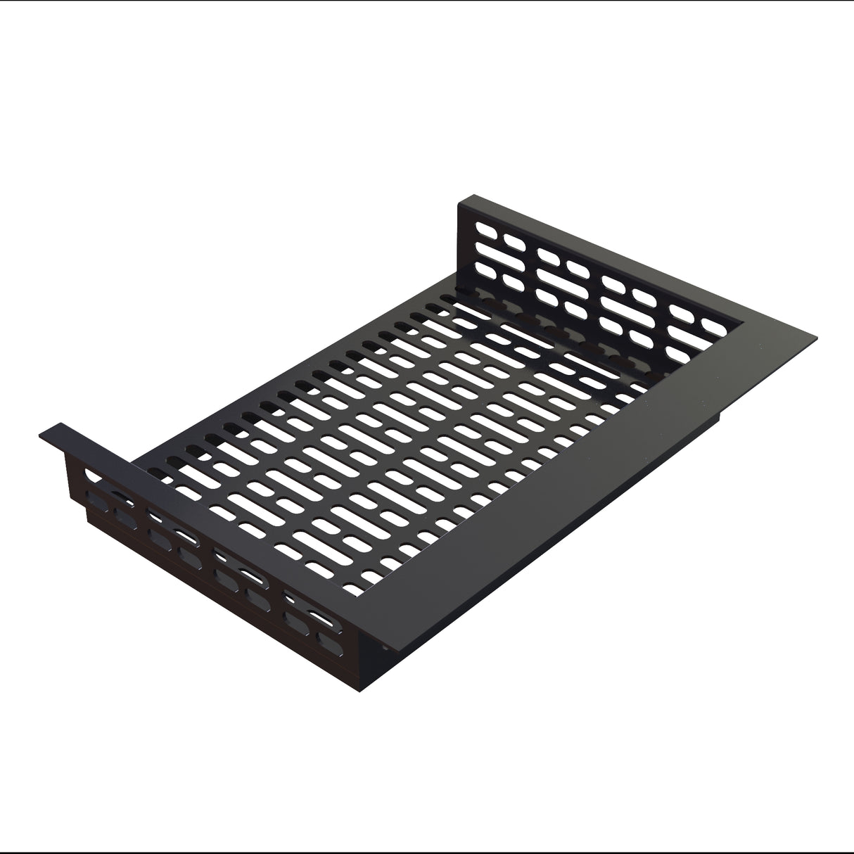 Rectangular black metal tray with raised sides, featuring multiple evenly spaced rectangular cutouts in the base and sides. Ideal as a drop-in template, it includes slotted openings for ventilation or cable management. The background is plain white.