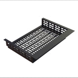 Rectangular black metal tray with raised sides, featuring multiple evenly spaced rectangular cutouts in the base and sides. Ideal as a drop-in template, it includes slotted openings for ventilation or cable management. The background is plain white.