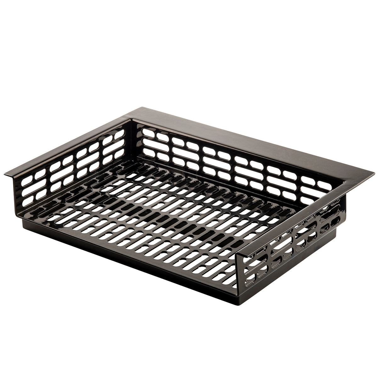 A rectangular black cast aluminum basket with ventilated, grid-like sides and bottom. The solid top frame and open slots allow for air circulation, making it sturdy and ideal for storage, organizing items, or cold holding applications.