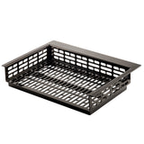 A rectangular black cast aluminum basket with ventilated, grid-like sides and bottom. The solid top frame and open slots allow for air circulation, making it sturdy and ideal for storage, organizing items, or cold holding applications.
