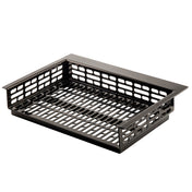 A rectangular black cast aluminum basket with ventilated, grid-like sides and bottom. The solid top frame and open slots allow for air circulation, making it sturdy and ideal for storage, organizing items, or cold holding applications.