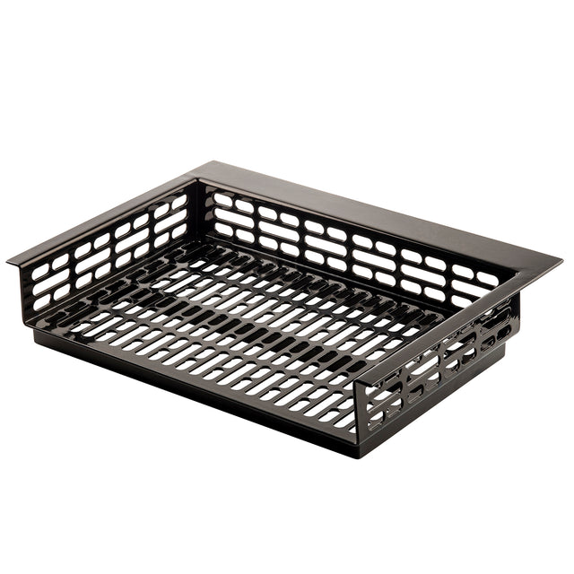 A rectangular black cast aluminum basket with ventilated, grid-like sides and bottom. The solid top frame and open slots allow for air circulation, making it sturdy and ideal for storage, organizing items, or cold holding applications.