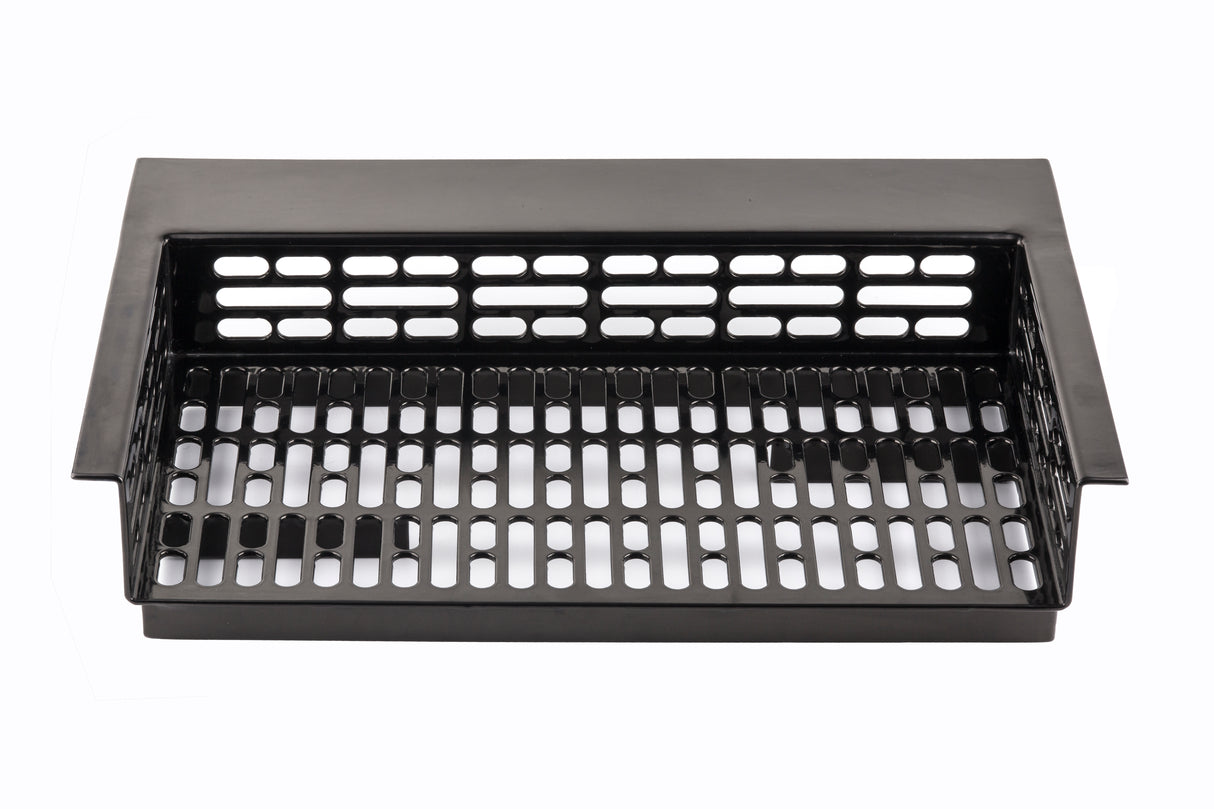 A black rectangular metal basket made of Duracoat coated cast aluminum features open slotted sides and base for ventilation or cold holding. It has solid short edges, with elongated oval slots neatly arranged, photographed on a white background.