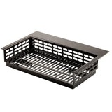 Rectangular black Duracoat coated cast aluminum basket with slotted, grid-like sides and bottom for ventilation or drainage. The simple, utilitarian design features a flat, slightly raised edge on one side—ideal for cold holding applications.