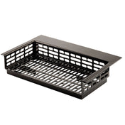 Rectangular black Duracoat coated cast aluminum basket with slotted, grid-like sides and bottom for ventilation or drainage. The simple, utilitarian design features a flat, slightly raised edge on one side—ideal for cold holding applications.