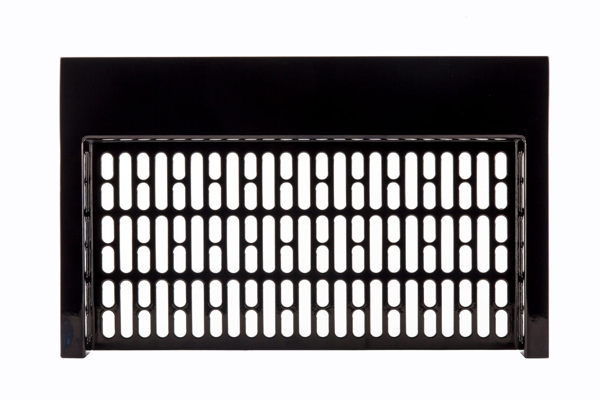 A black Duracoat coated cast aluminum vent cover with a rectangular shape, featuring evenly spaced vertical slots in several rows. The symmetrical design and glossy finish stand out against the plain white background, highlighting its clean lines.