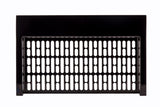 A black Duracoat coated cast aluminum vent cover with a rectangular shape, featuring evenly spaced vertical slots in several rows. The symmetrical design and glossy finish stand out against the plain white background, highlighting its clean lines.