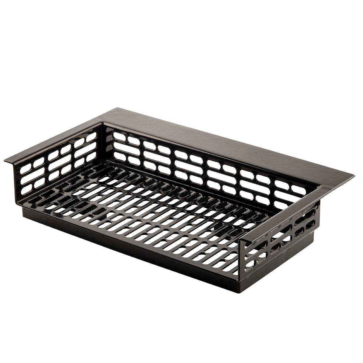 A black Duracoat coated cast aluminum rectangular grill basket with perforated sides and bottom, featuring evenly spaced oval and rectangular holes, designed for grilling vegetables or small foods. The basket has a flat rim and slightly raised sides for easy handling.