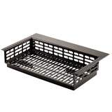A black Duracoat coated cast aluminum rectangular grill basket with perforated sides and bottom, featuring evenly spaced oval and rectangular holes, designed for grilling vegetables or small foods. The basket has a flat rim and slightly raised sides for easy handling.
