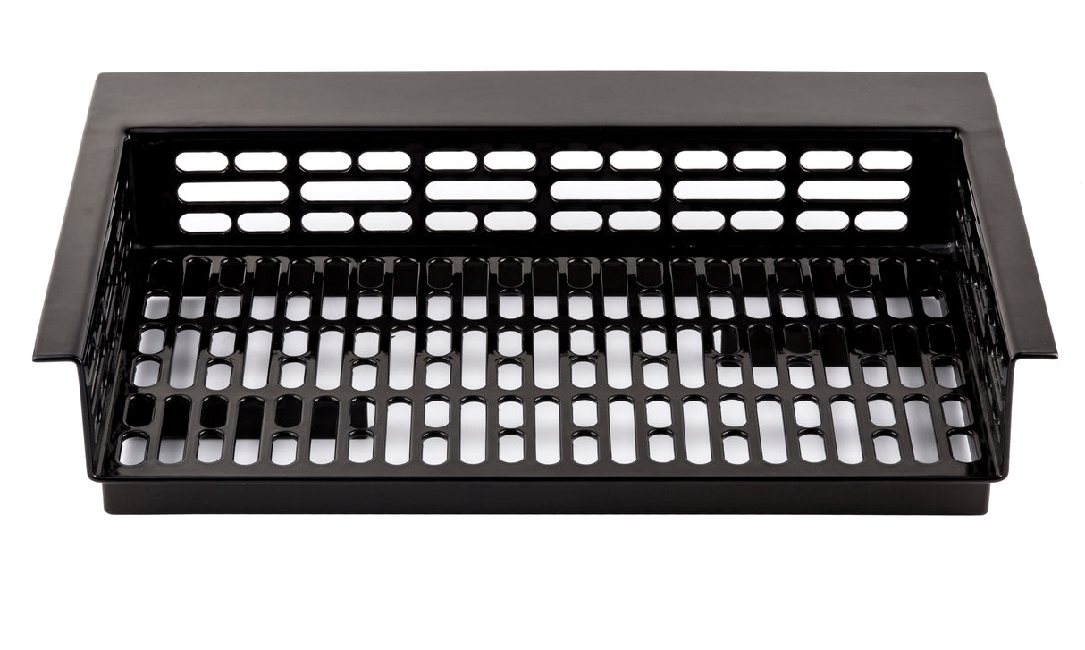 A rectangular black metal grill basket with perforated sides and bottom, designed for grilling and ventilation. Crafted from Duracoat coated cast aluminum, it has flared, raised edges and a flat base, photographed on a white background.
