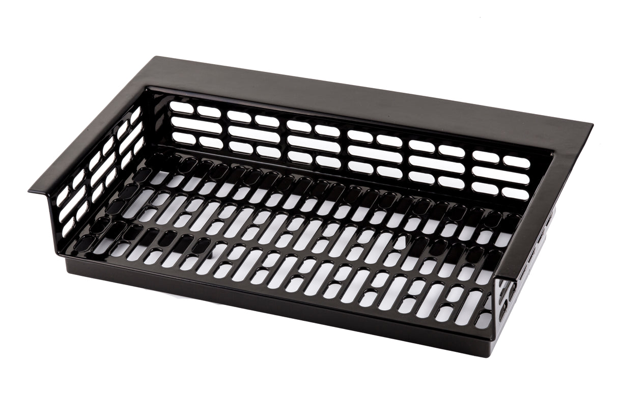 A black Duracoat coated cast aluminum rectangular metal basket with a flat base and open slotted sides and bottom for ventilation or drainage. The front edge is lower than the sides and back, creating easy access to contents.