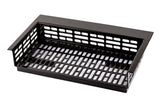 A black Duracoat coated cast aluminum rectangular metal basket with a flat base and open slotted sides and bottom for ventilation or drainage. The front edge is lower than the sides and back, creating easy access to contents.