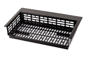 A black Duracoat coated cast aluminum rectangular metal basket with a flat base and open slotted sides and bottom for ventilation or drainage. The front edge is lower than the sides and back, creating easy access to contents.