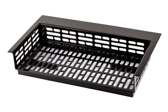 A black Duracoat coated cast aluminum rectangular metal basket with a flat base and open slotted sides and bottom for ventilation or drainage. The front edge is lower than the sides and back, creating easy access to contents.